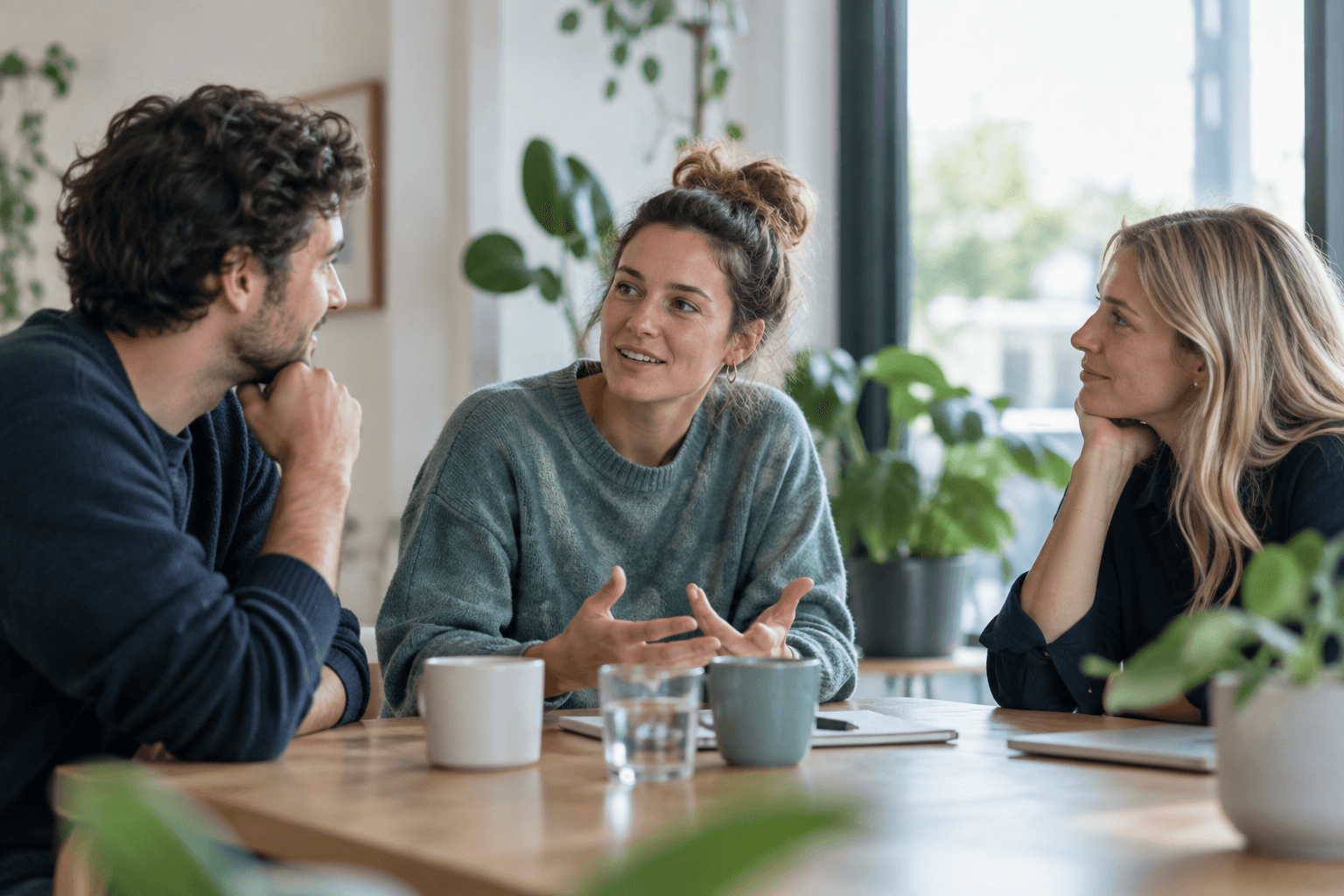 Three people having a conversation around a table.